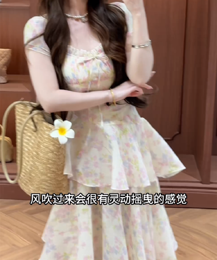 실사 중 여름 달콤한 스타일 프릴 작은 꽃무늬 롱 스커트 허리 수축 스트랩 드레스