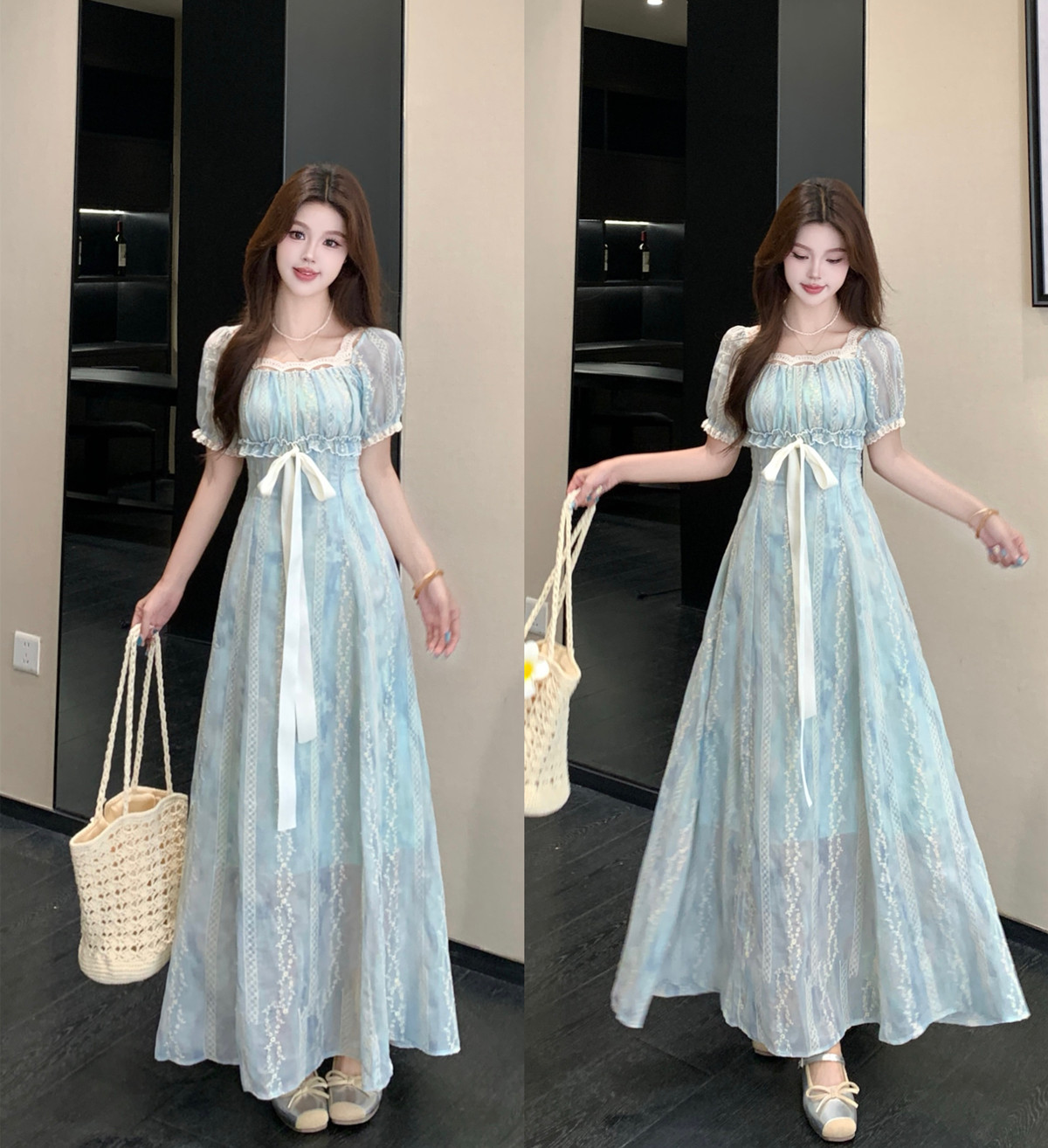 RY3217# 实拍~微胖甜美少女特调肌理感刺绣重工收腰正肩连衣裙