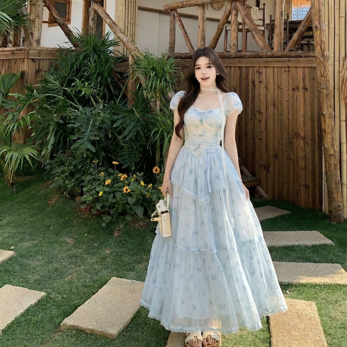 실사 여름 프랑스식 소녀 바람 패치워크 레이스 드레스 허리 수축 슬림해 보이는 한 마디 드레스