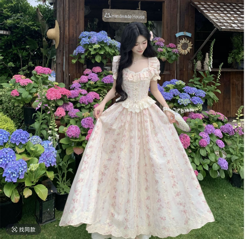 실사 꽃 리플 년 프랑스식 복잡한 고대 칼라 꽃무늬 드레스 부드러운 질감 레이스 큰 진자 롱 스커트