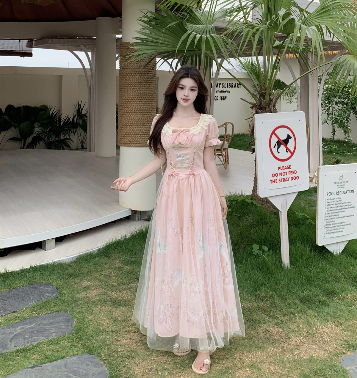 실사 사쿠라 분말 카니발 슈퍼 요정 메시 원단 프린트 도망자 공주 드레스