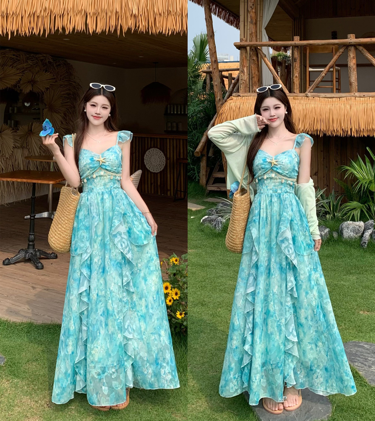 실사 오즈의 마법사 프랑스식 외국 가스 드레스 높음 슬림해 보이는 꽃무늬 여름 섹션 슬립 드레스 칼라 프린트 치마