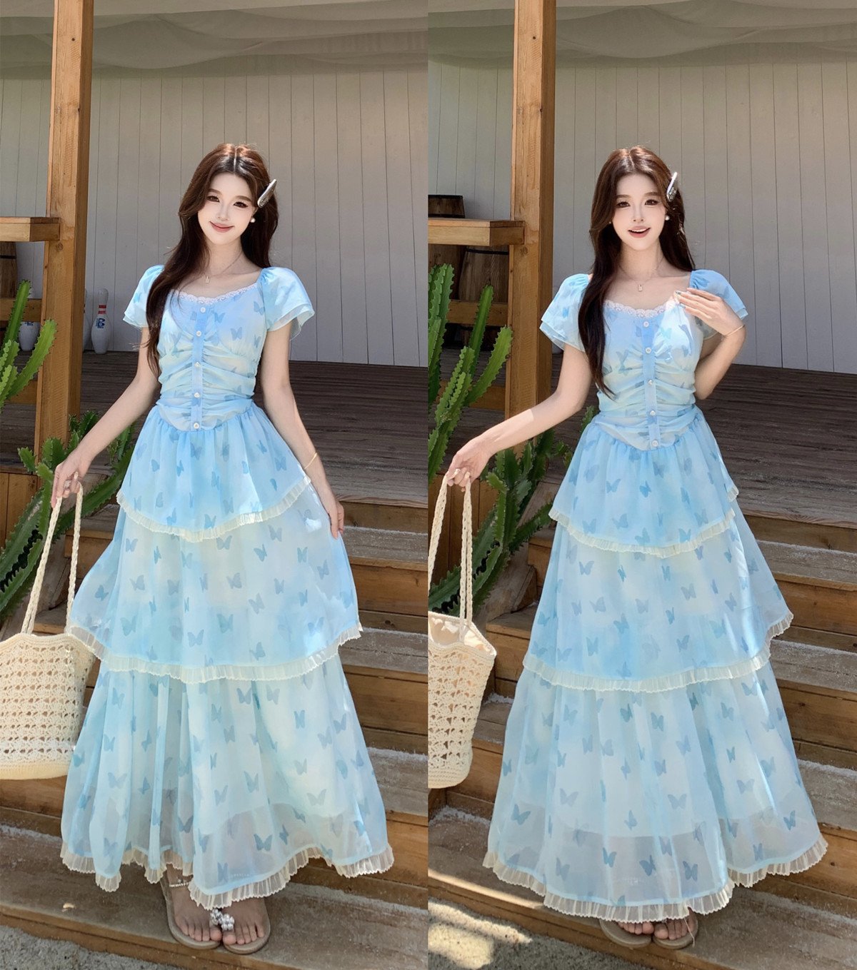 실사 여름 프랑스식 소녀 바람 패치워크 레이스 드레스 허리 수축 슬림해 보이는 한 마디 드레스