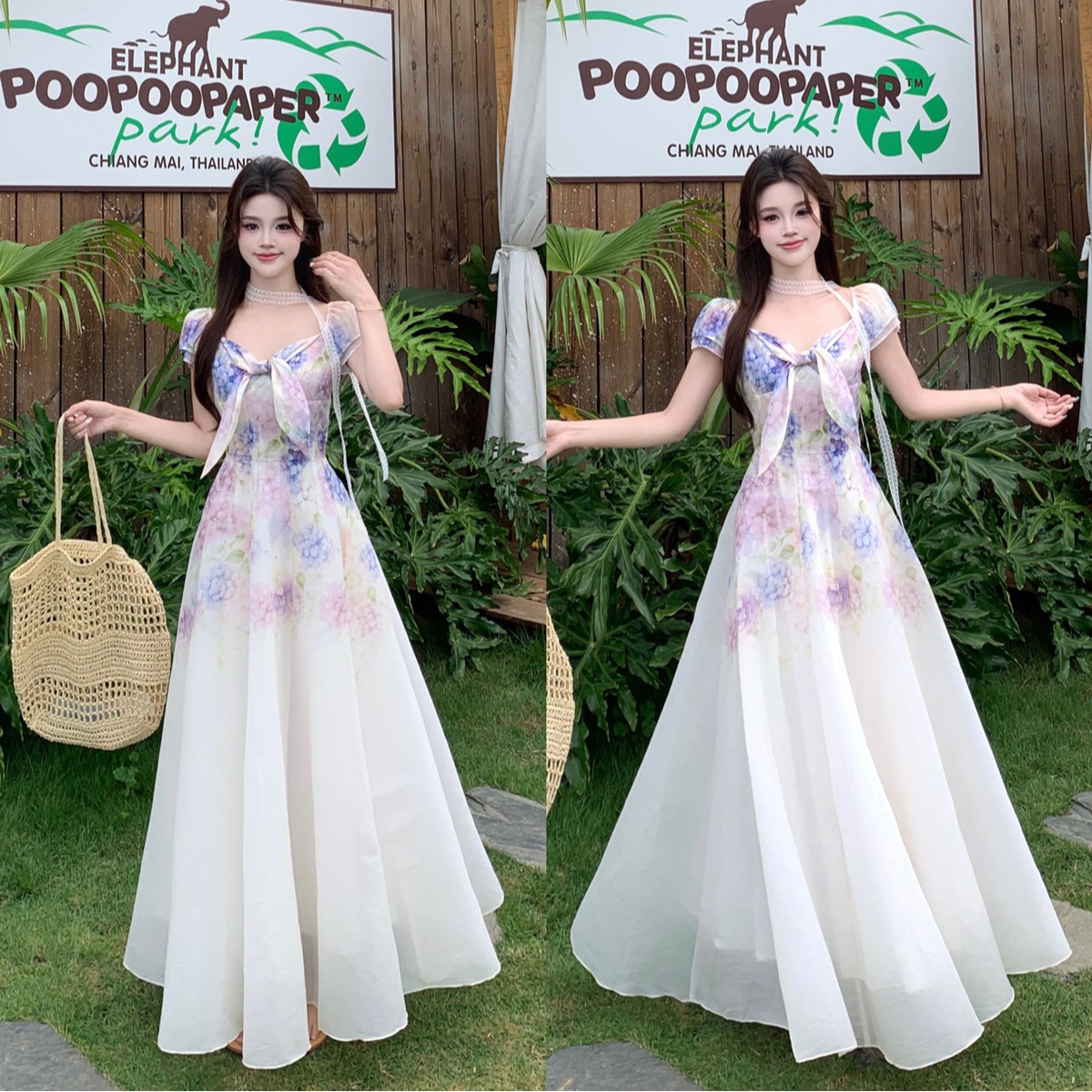 실사 꽃 객실 나비 꿈 여름 달콤한 스타일 그라데이션 꽃무늬 롱 스커트 허리 수축 슬림해 보이는 드레스