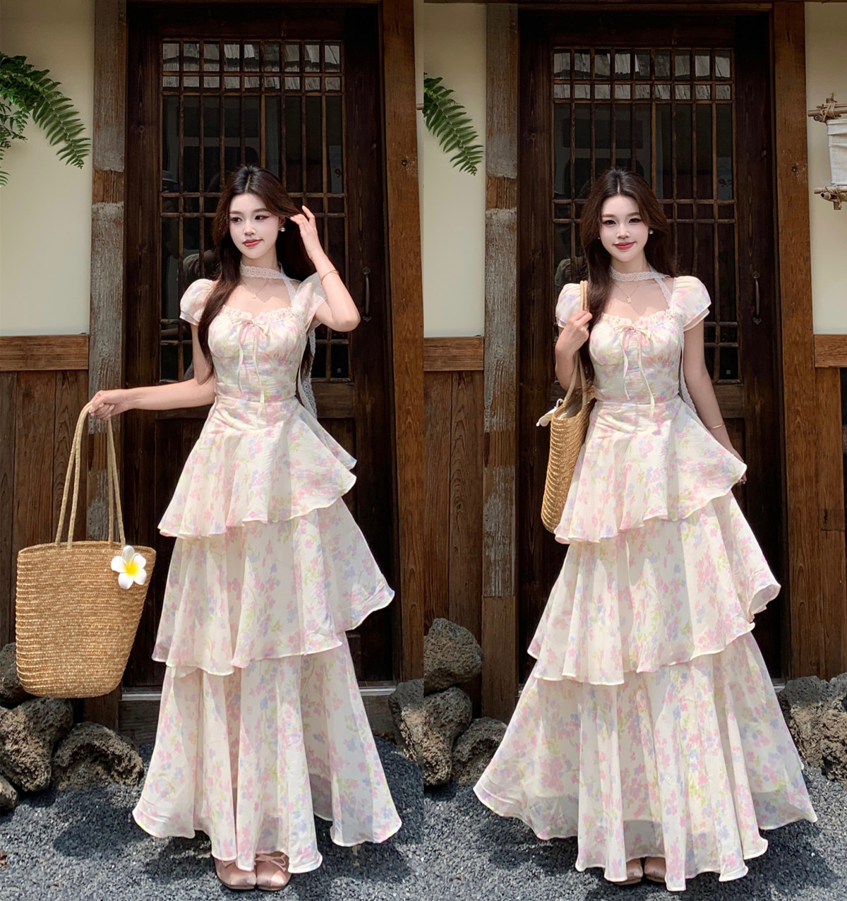 실사 여름 달콤한 스타일 프릴 작은 꽃무늬 롱 스커트 허리 수축 스트랩 드레스