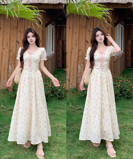 실사 여름 프랑스식 소녀 바람 패치워크 망사 롱 스커트 허리 수축 슬림해 보이는 한 마디 드레스