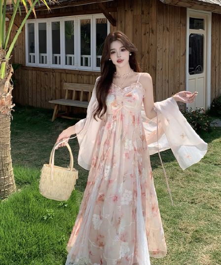 실사 이슬 꽃 벨 소녀 센스 꽃무늬 슬립 드레스 여름 새로운 프릴 부드러운 바람 허리 수축 롱 스커트
