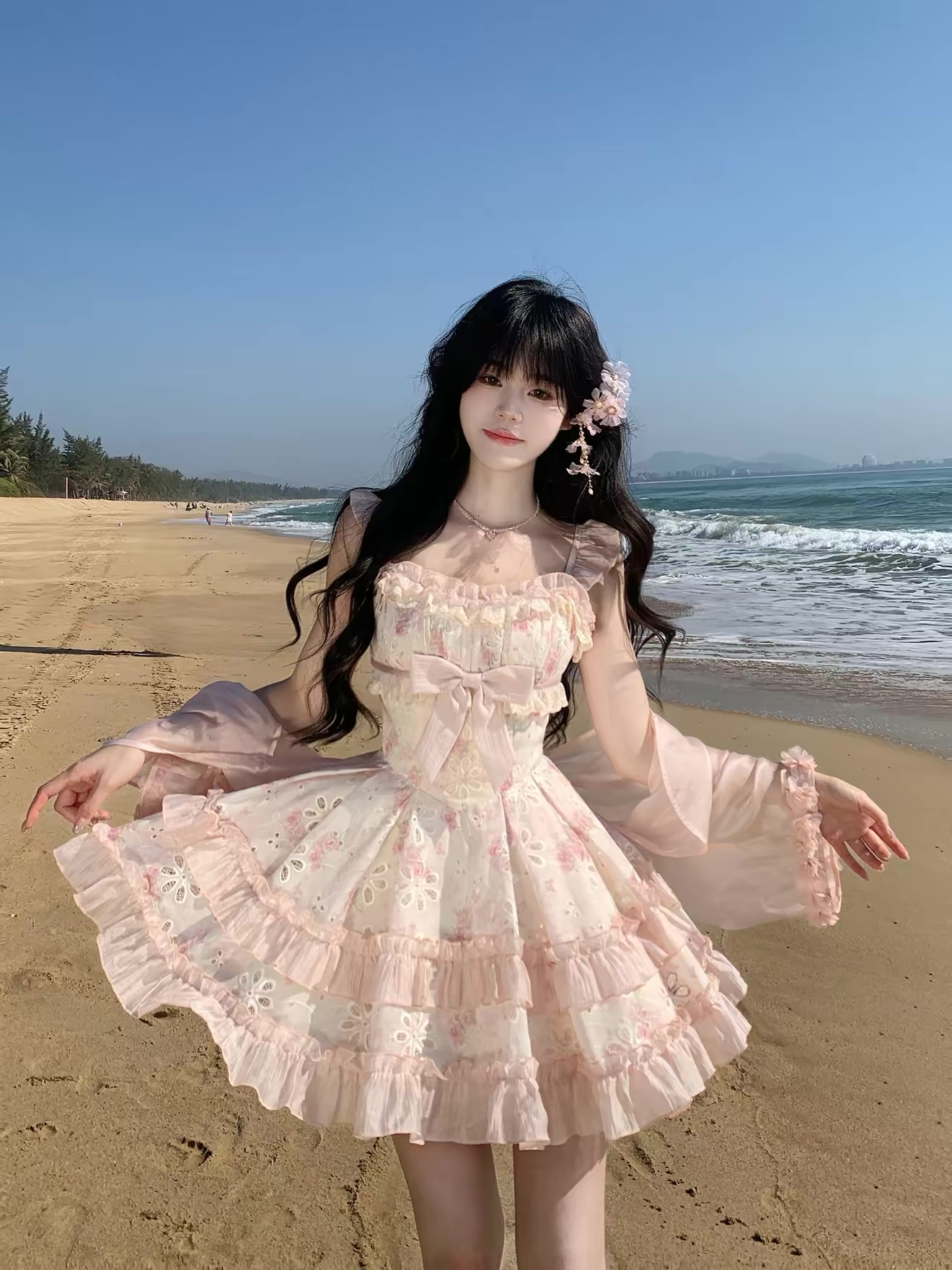 있음 실사 프랑스식 소녀 홀로우 아웃 자수 한 마디 허리 수축 케이크 미니 스커트 작은 날다 소매 드레스