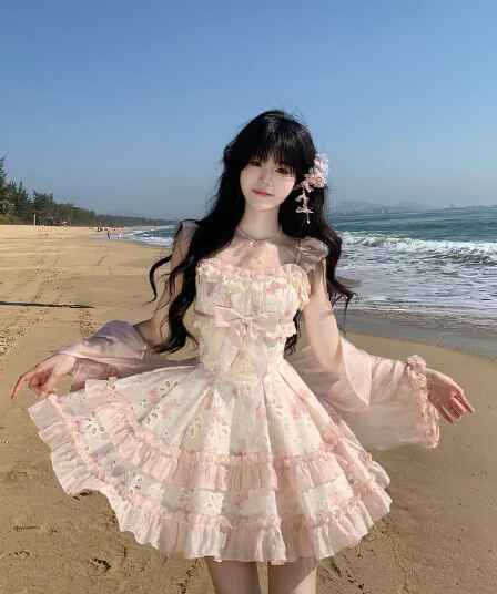 있음 실사 프랑스식 소녀 홀로우 아웃 자수 한 마디 허리 수축 케이크 미니 스커트 작은 날다 소매 드레스