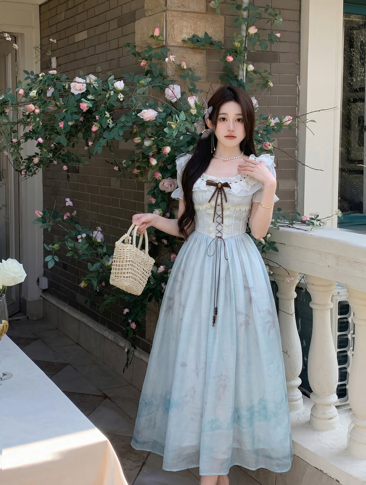 실사 얕은 꿈 복숭아 부드러운 프랑스식 허리 수축 프린트 불규칙 진자 슬립 롱 스커트