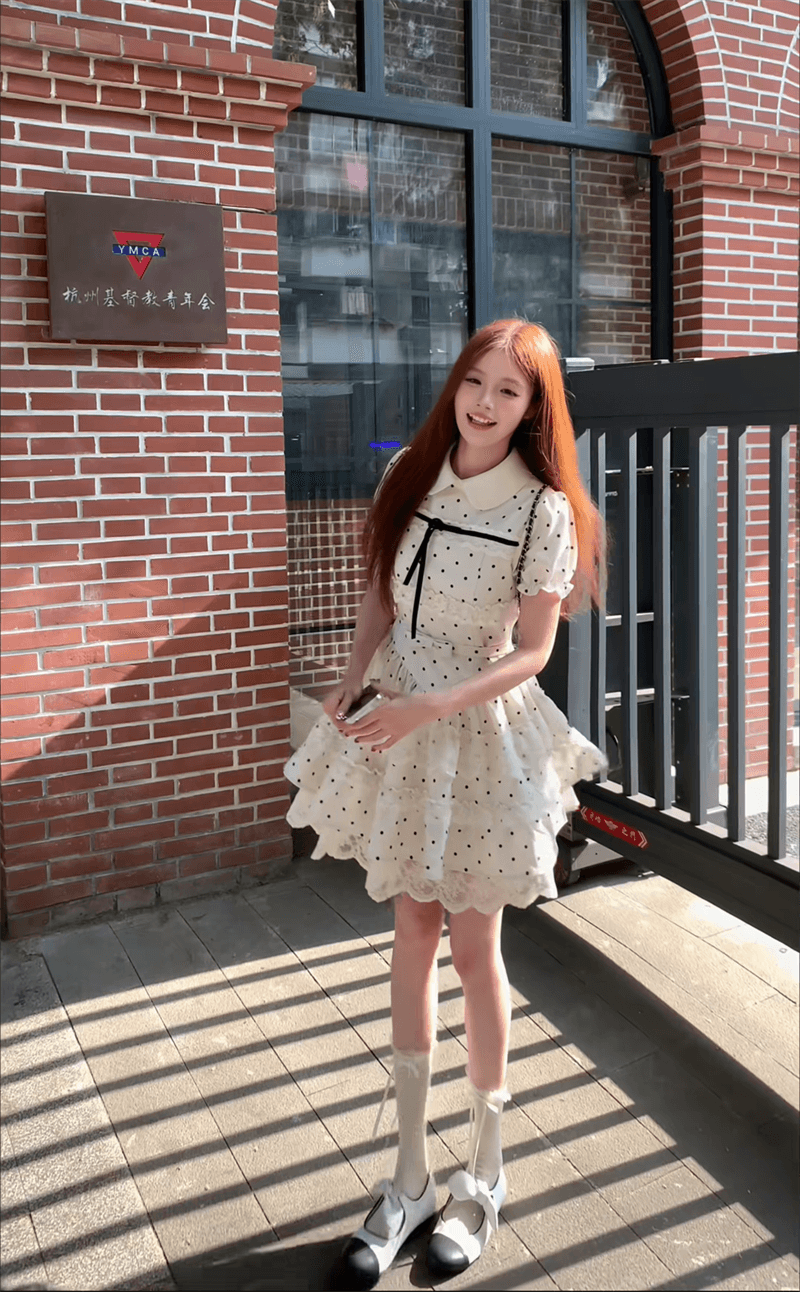 실사 중 진주 소녀 여름 패치워크 레이스 자수 도트 무늬 롱 스커트 나비 매듭 스트랩 드레스