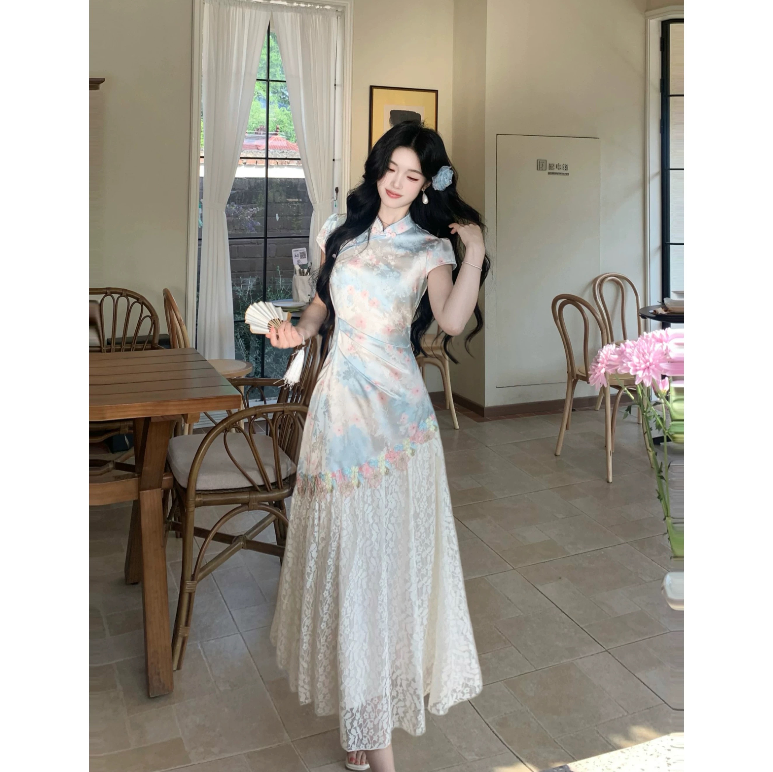 실사 중 봄 복숭아 포인트 색상 원 웨이 새로운 중식 바람 그라데이션 프린트 패치워크 레이스 개선 치파오 드레스