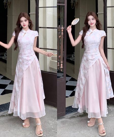 실사 마술 색상 흐름 구름 새로운 중식 개선 핑크색 허리 수축 루 체 빛 실 치파오