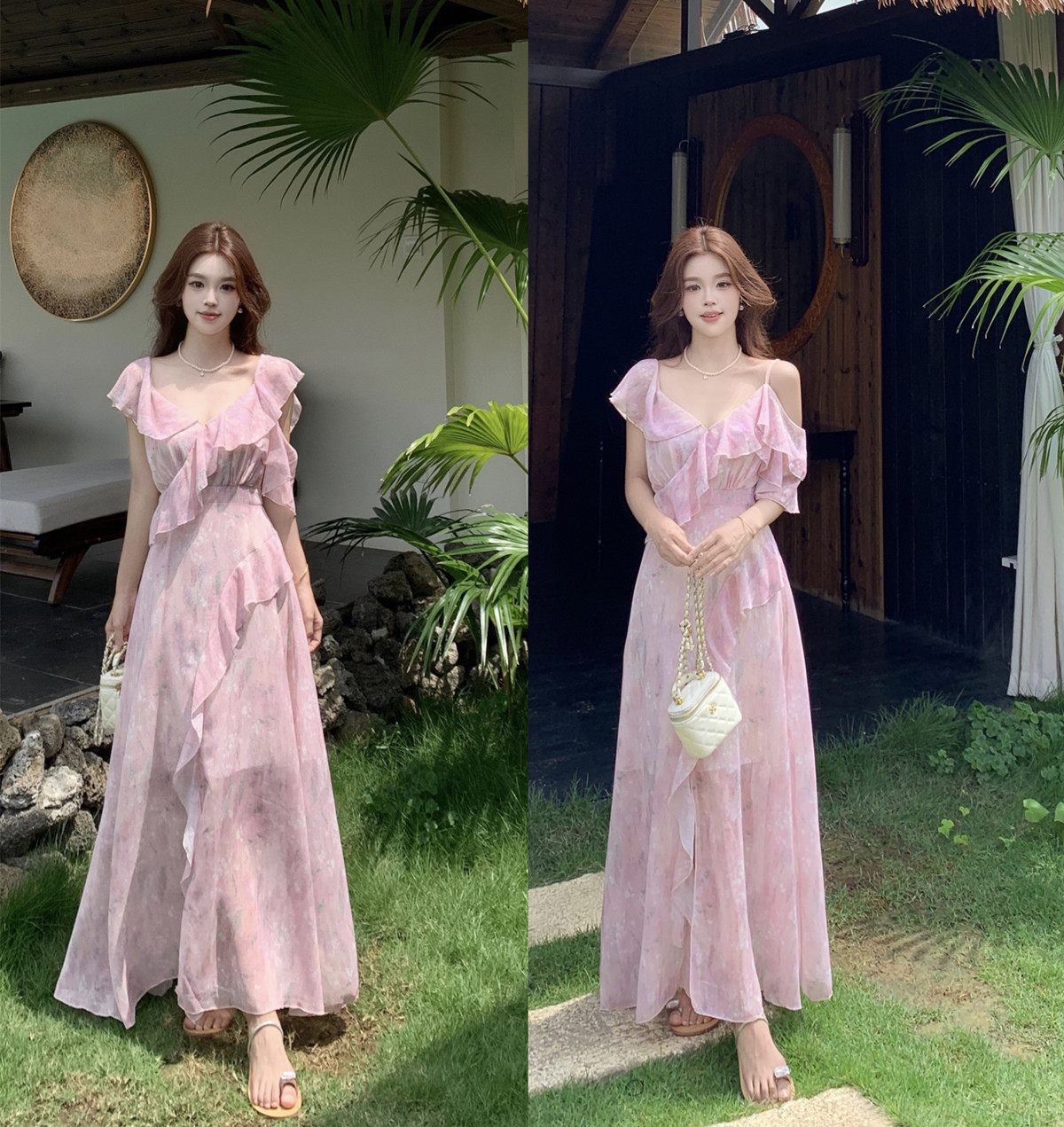 실사 여름 쉬폰 슬립 여성 드레스 프린트 해변가 휴가 프릴 그레이트 봐라. 프랑스식 롱 스커트