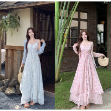 批发实拍~夏优雅法式田园风纯欲<b class='q'>甜美</b>碎花吊带连衣裙防晒衫两件套