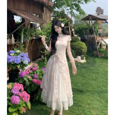 批发实拍中~锦韵花朝 温婉国风收腰雪纺纱大摆裙