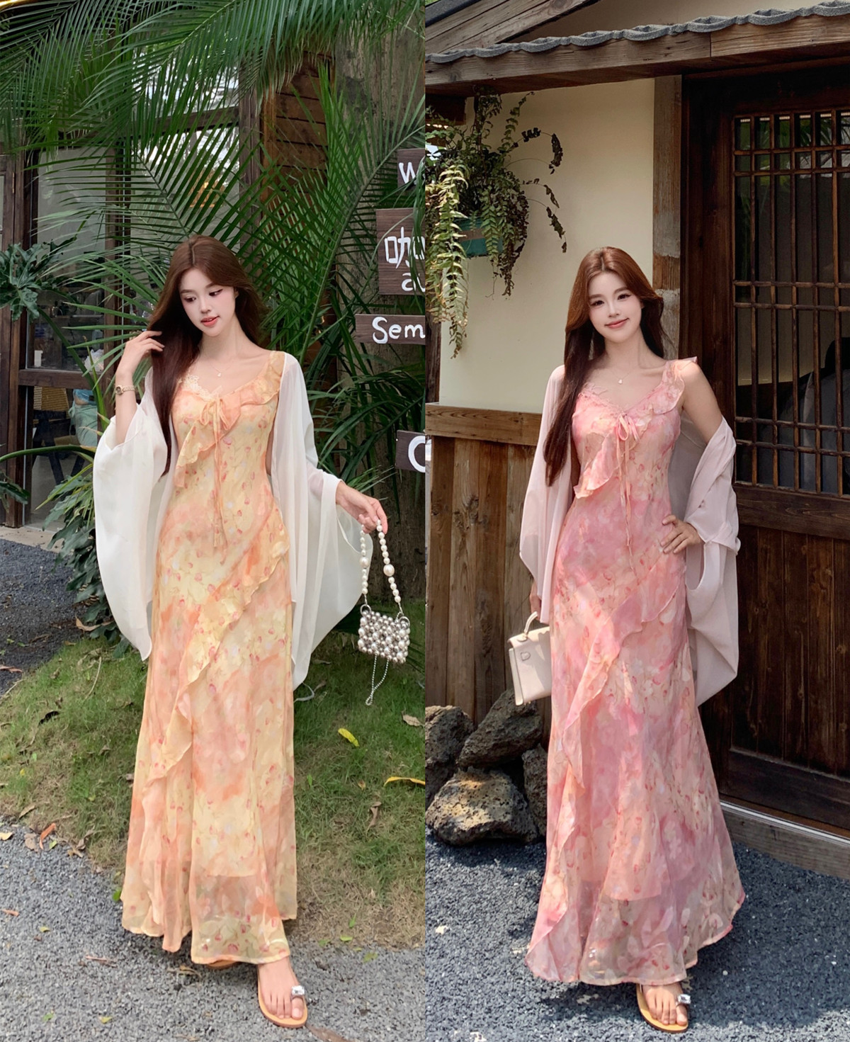 실사 여름 불규칙 프린트 나비 꽃무늬 꼬집기 허리 슬림해 보이는 쉬폰 오픈 가디건 세트 롱 스커트