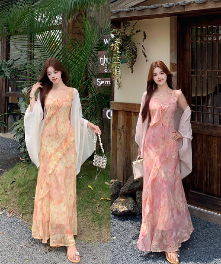 실사 여름 불규칙 프린트 나비 꽃무늬 꼬집기 허리 슬림해 보이는 쉬폰 오픈 가디건 세트 롱 스커트