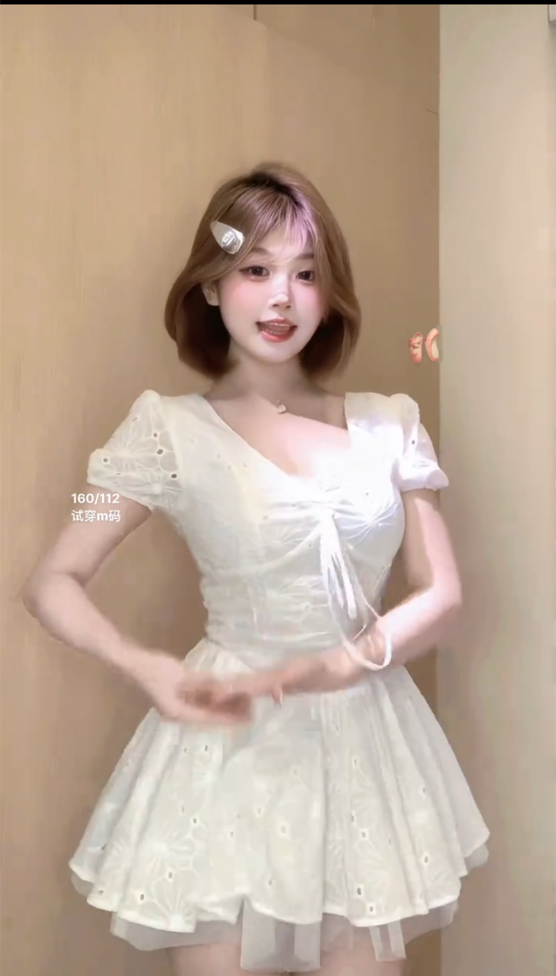 mengfairy 하얀 배 소녀 프랑스식 달콤함 순수한 욕망 미니 스커트 허리 수축 드레스