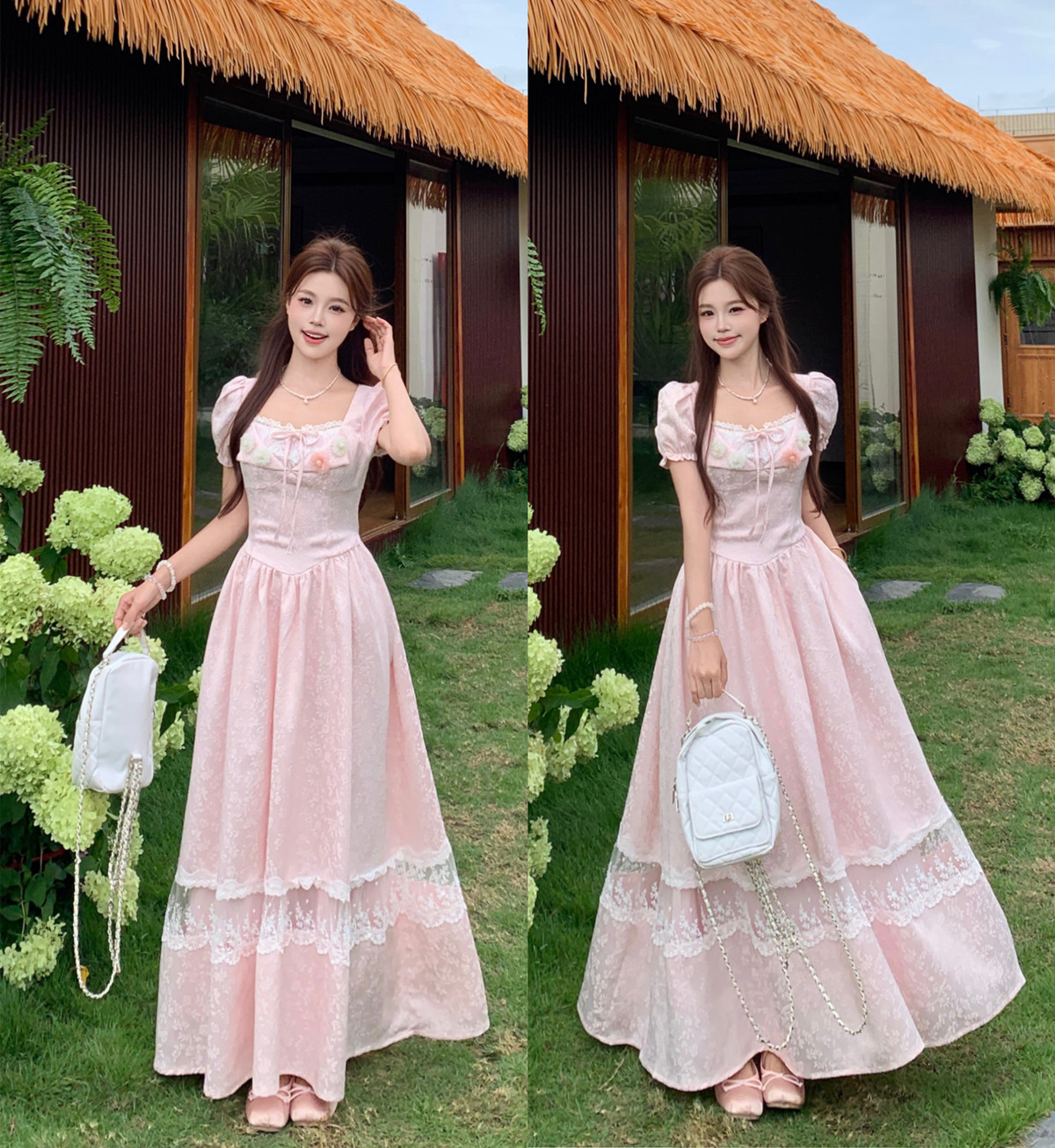 실사 한여름 꽃 여름 소녀 바람 레이스 조각 자수 롱 스커트 허리 수축 슬림해 보이는 드레스
