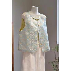 批发2026春新中式蓝色马甲女国风年轻款无袖坎肩背心薄款外穿宋锦高端