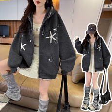 批发实拍2026拉链海星刺绣加绒卫衣<b class='q'>男</b>女情侣连帽衫春秋加厚<b class='q'>开衫</b>外套