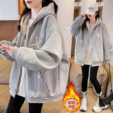 批发实拍拉链海星刺绣加绒<b class='q'>卫衣</b>男女情侣连帽衫春秋加绒加厚<b class='q'>开衫</b>棉服