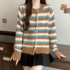 批发实拍大码 秋冬新款条纹撞色宽松<b class='q'>开衫</b><b class='q'>针织</b>衫毛衣女