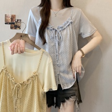 批发实拍大码 韩系系带荷叶边吊带小衫短袖圆领T恤叠穿<b class='q'>两件套</b>