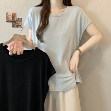 批发实拍<b class='q'>大码</b> 设计感拼接宽松短袖束腰圆领<b class='q'>打底衫</b>T恤女