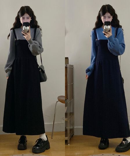 실사 두꺼운 2025 가을 겨울철 새로운 프랑스식 레트로 라운드 넥 니트 슬림해 보이는 페이크 레이어드 드레스