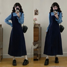 批发实拍 大码女装2025<b class='q'>冬</b>季新款假两件背带式拼接喇叭袖长款连衣裙