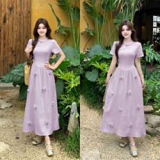 批发实拍 大码2026<b class='q'>春</b>夏新款紫色新中式立领短袖旗袍气质显瘦连衣裙