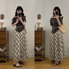 批发<b class='q'>实拍</b> <b class='q'>大码</b><b class='q'>女装</b> 2026夏季新款韩版斜肩显瘦上衣格纹半身裙两件套