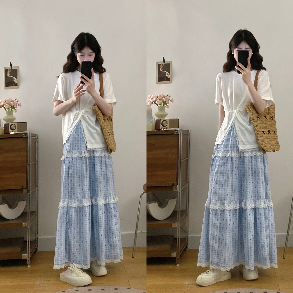 실사 빅 사이즈 여성 의류 지방 mm 2026 여름 새로운 한국 스타일 트임 티셔츠 맨위 체크무늬 반신 치마 세트