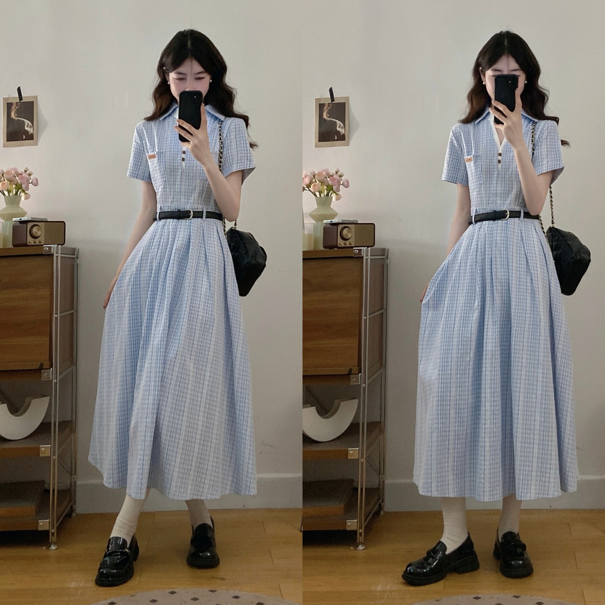 실사 빅 사이즈 2026 여름 새로운 파란색 디자인 센스 체크무늬 품격 허리 수축 슬림해 보이는 반팔 드레스