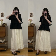 批发实拍  大码夏季新款设计感拼接气质显瘦短袖上衣网纱半身裙<b class='q'>套装</b>