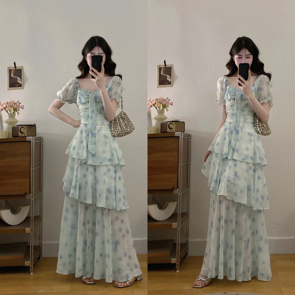 RY3204# 实拍流光叠翠大码新款法式复古方领蓝色碎花不规则显瘦连衣裙