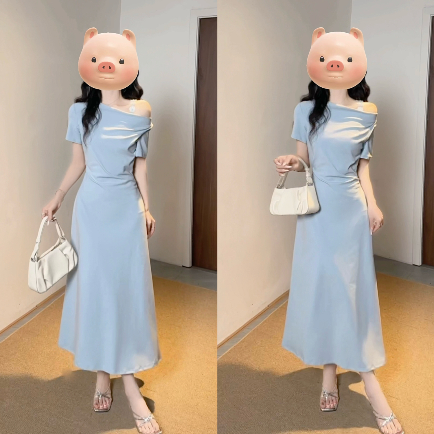 RY3203# 实拍  大码新款法式复古夏季蓝色一字肩短袖气质显瘦漏肩连衣裙