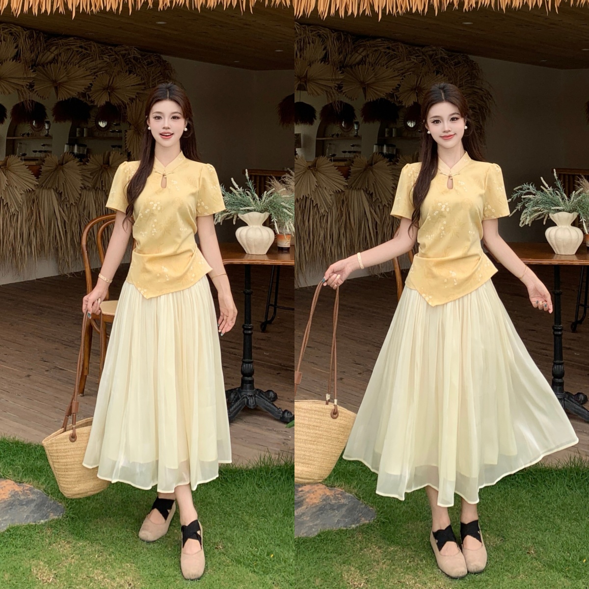 실사 여름 빅 사이즈 슬림해 보이는 고급 센스 새로운 중식 국풍 단추 맨위 하이웨이스트 반신 스커트 투피스 세트