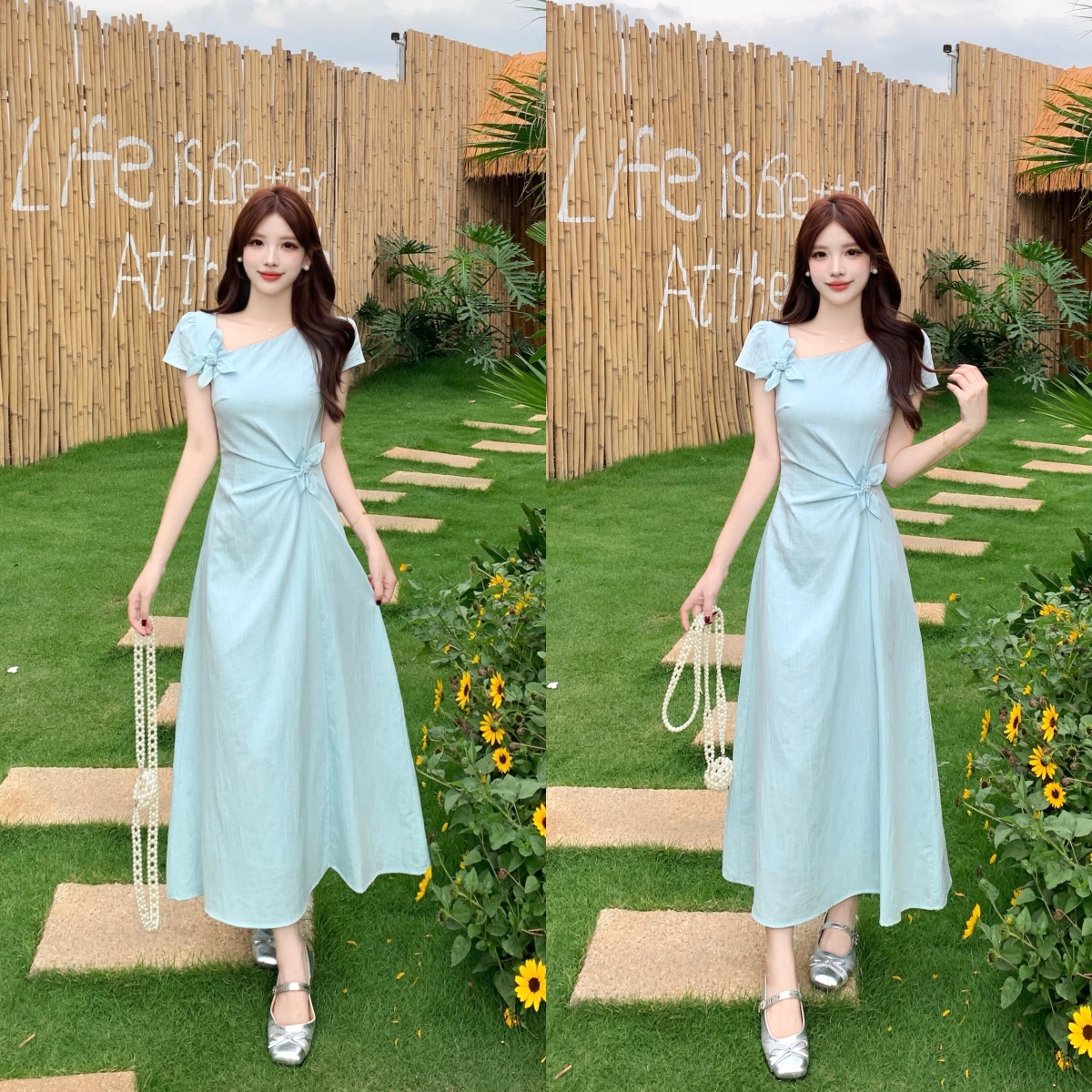 실사 빅 사이즈 여름 새로운 프랑스식 품격 감기 천 골드 센스 파란색 허리 수축 슬림해 보이는 드레스