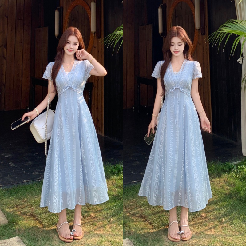 실사 빅 사이즈 여름 새로운 프랑스식 레트로 부드러운 바람 V넥 레이스 허리 수축 슬림해 보이는 롱 코트 드레스