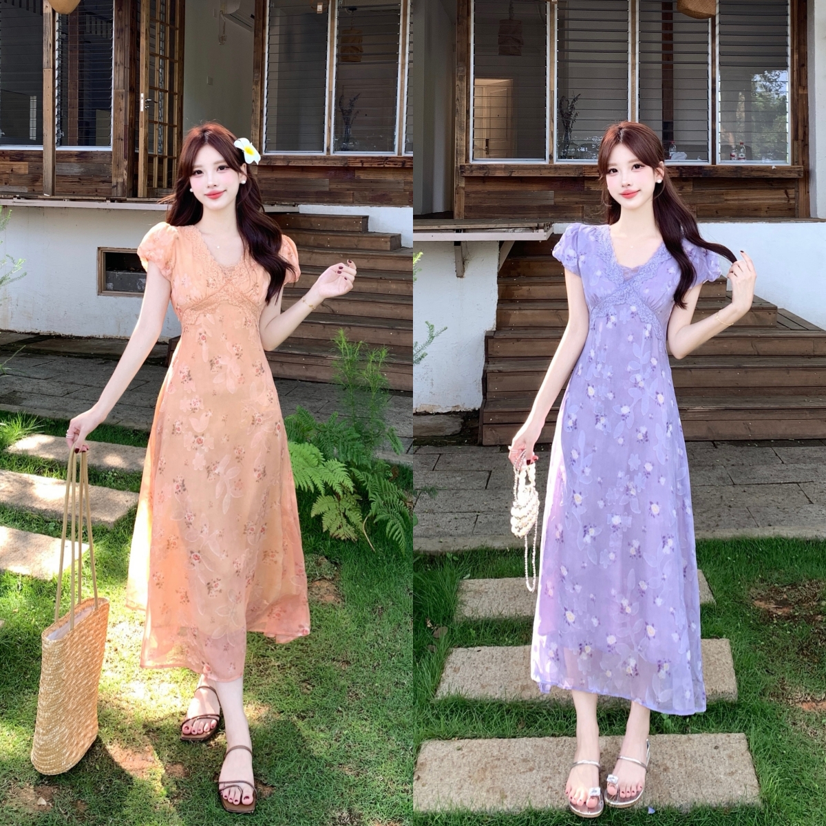 실사 빅 사이즈 2026 여름 새로운 V넥 레이스 측면 허리 수축 슬림해 보이는 꽃무늬 휴가 바람 드레스