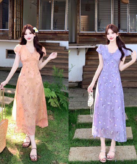 실사 빅 사이즈 2026 여름 새로운 V넥 레이스 측면 허리 수축 슬림해 보이는 꽃무늬 휴가 바람 드레스