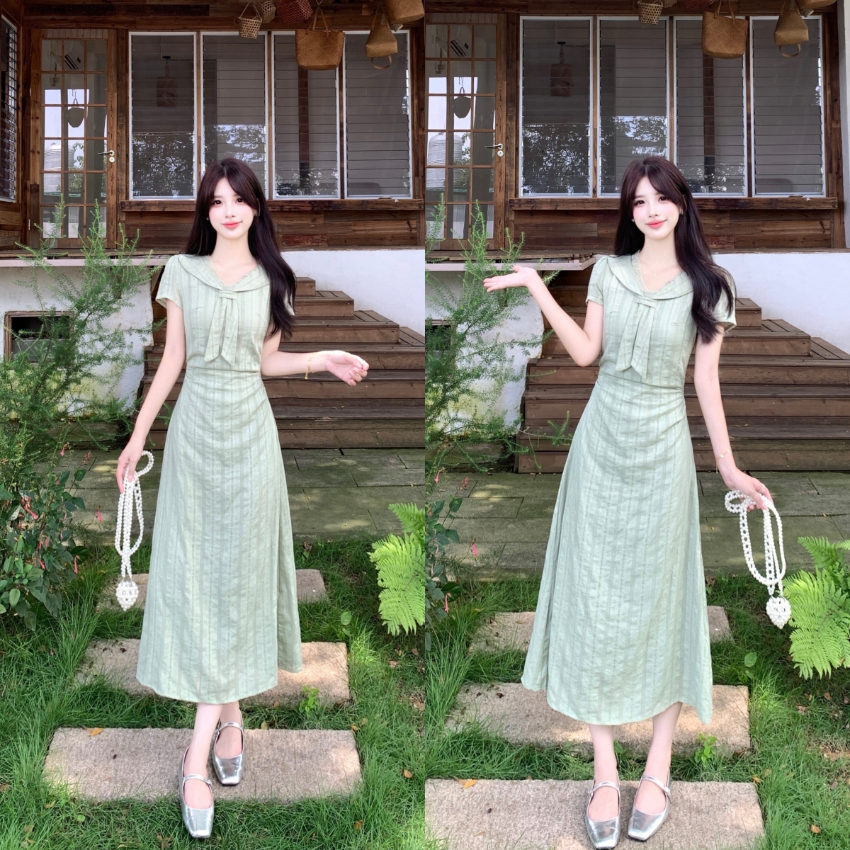 실사 박하 녹색 포 멜로 여름 빅 사이즈 마이크로 지방 맞춤 한 부서 레이스 조각 여름 허리 수축 슬림해 보이는 드레스