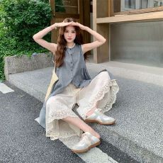 批发氛围感背心连衣裙套装女夏季巨好看大方得体蕾丝花边阔腿裤两件套