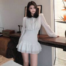 批发法式白色<b class='q'>雪纺</b>长袖连衣裙女早秋小个子气质高级感荷叶边收腰<b class='q'>短裙</b>子