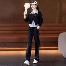 批发休闲<b class='q'>运动服</b>套装女春秋新款韩版洋气假两件<b class='q'>衬衫</b>卫衣显瘦时尚两件套