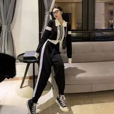 批发休闲运动针织<b class='q'>套装</b>女春秋新款高级感短款翻领开衫<b class='q'>哈伦裤</b>炸街两件套