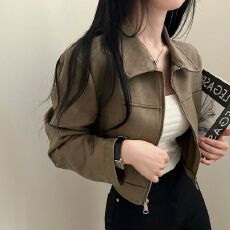 批发<b class='q'>韩国</b>chic秋季复古帅气翻领拉链式宽松百搭长袖皮绒短款夹克<b class='q'>外套</b>女